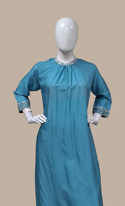 Deep Baby Blue Embroidered Kurti Top & Pants