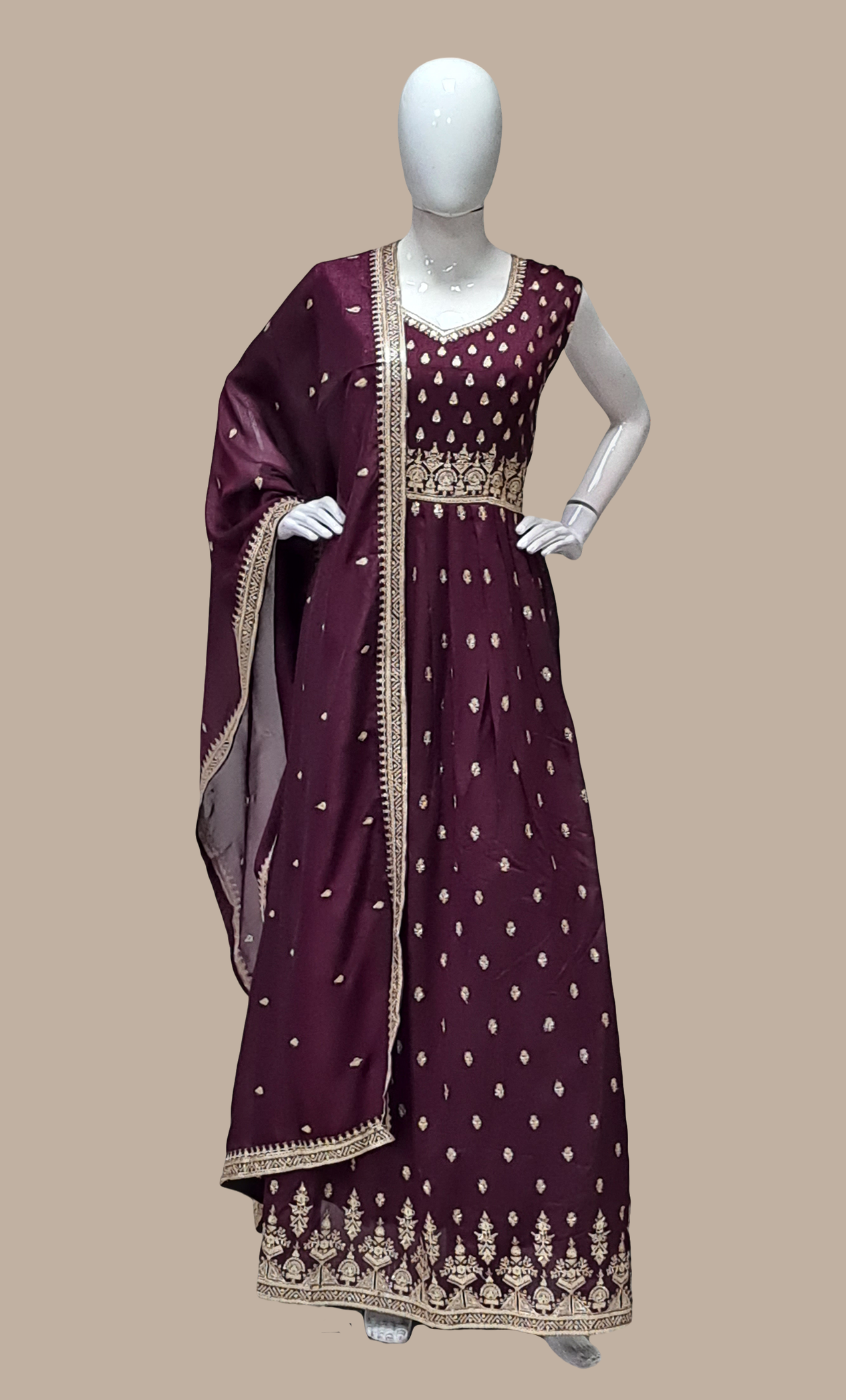 Dark Plum Embroidered Gown & Dupatta