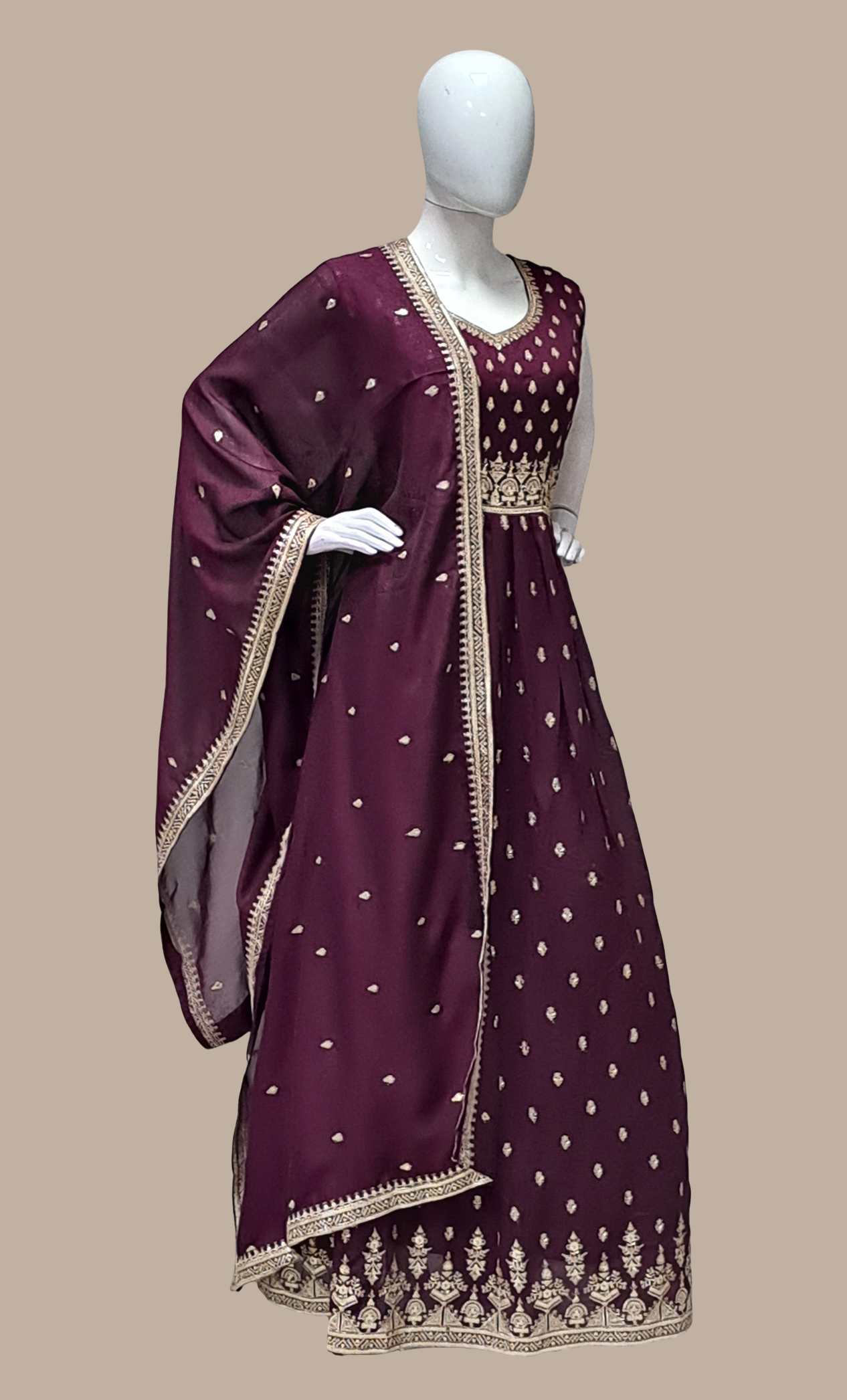 Dark Plum Embroidered Gown & Dupatta