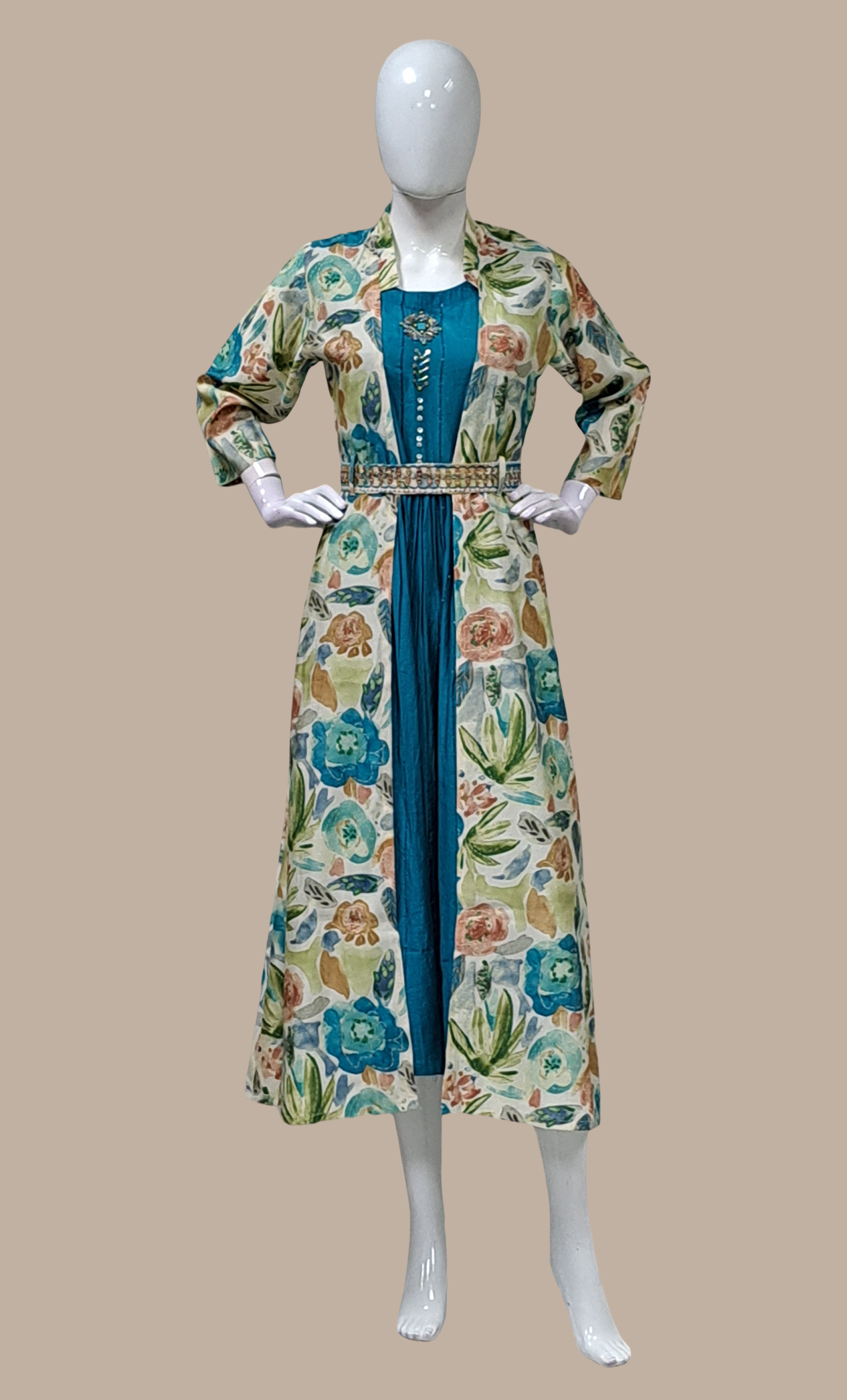 Teal Printed Kurti Dress & Jacket