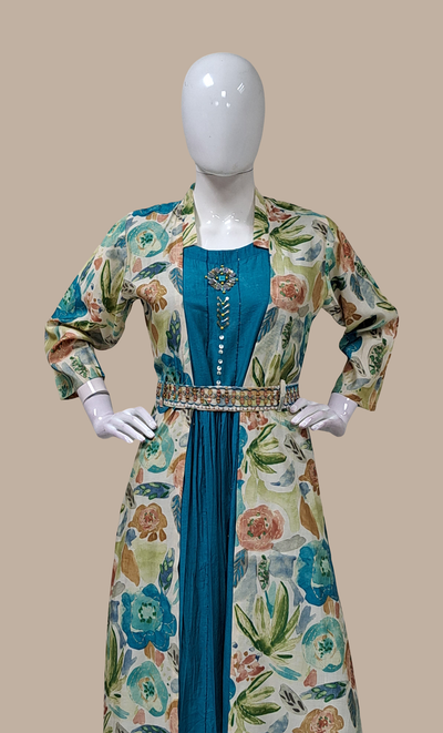 Teal Printed Kurti Dress & Jacket