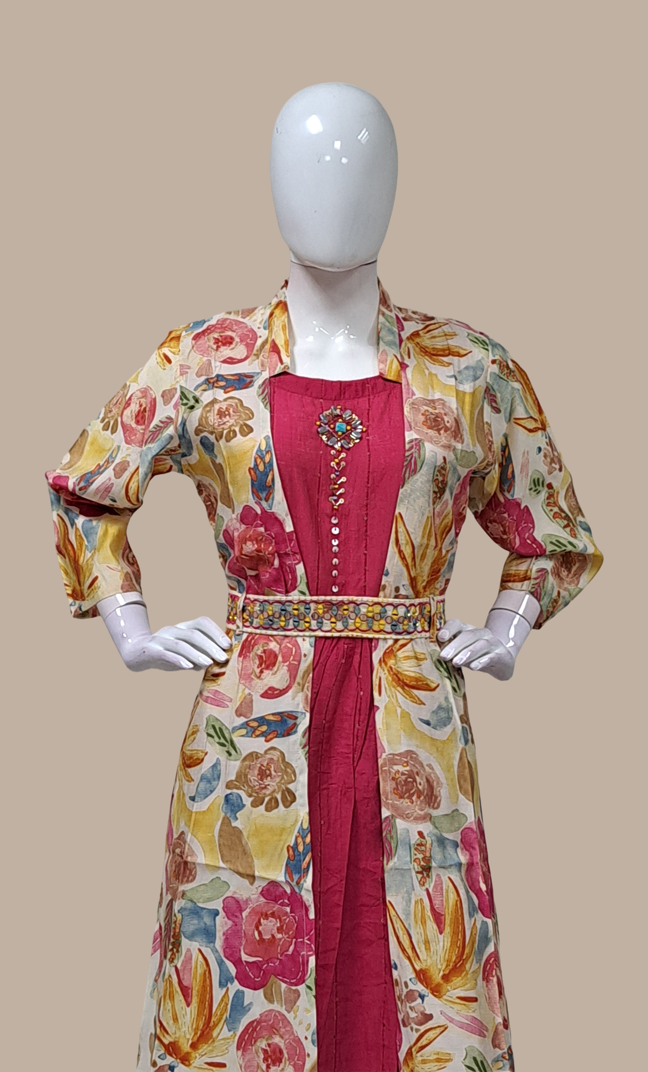 Deep Cerise Printed Kurti Dress & Jacket