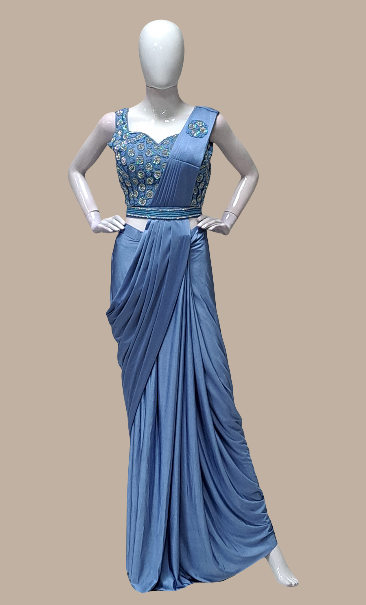 Powder Blue Ready Sari With Ready Made Blouse