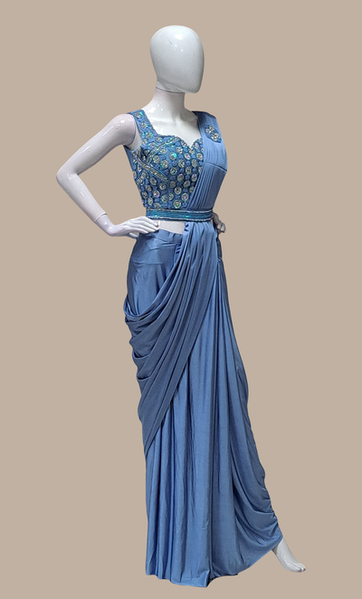 Powder Blue Ready Sari With Ready Made Blouse