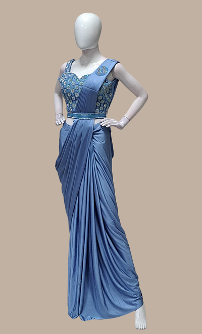 Powder Blue Ready Sari With Ready Made Blouse