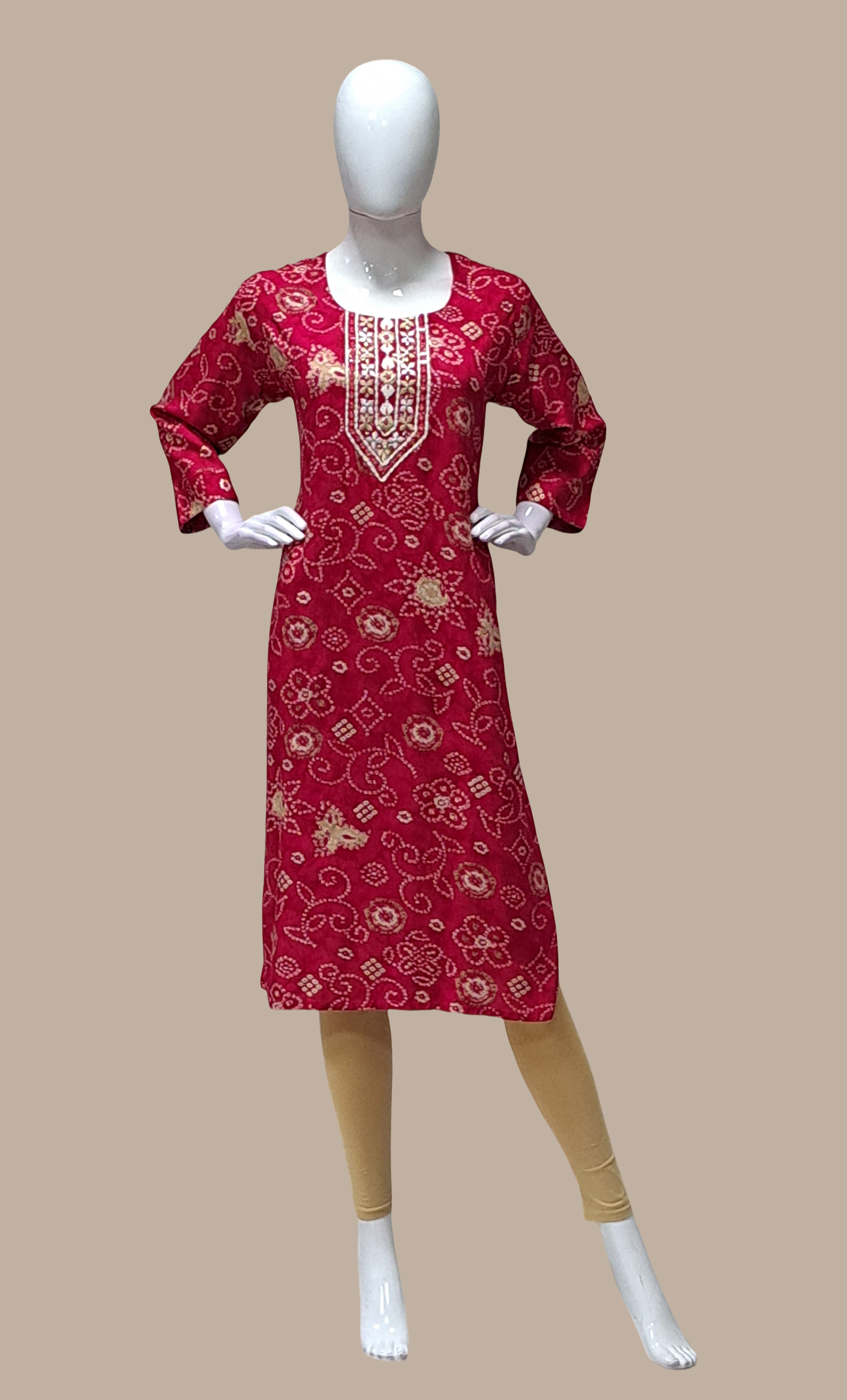 Deep Cerise Bandhani Printed Kurti Top