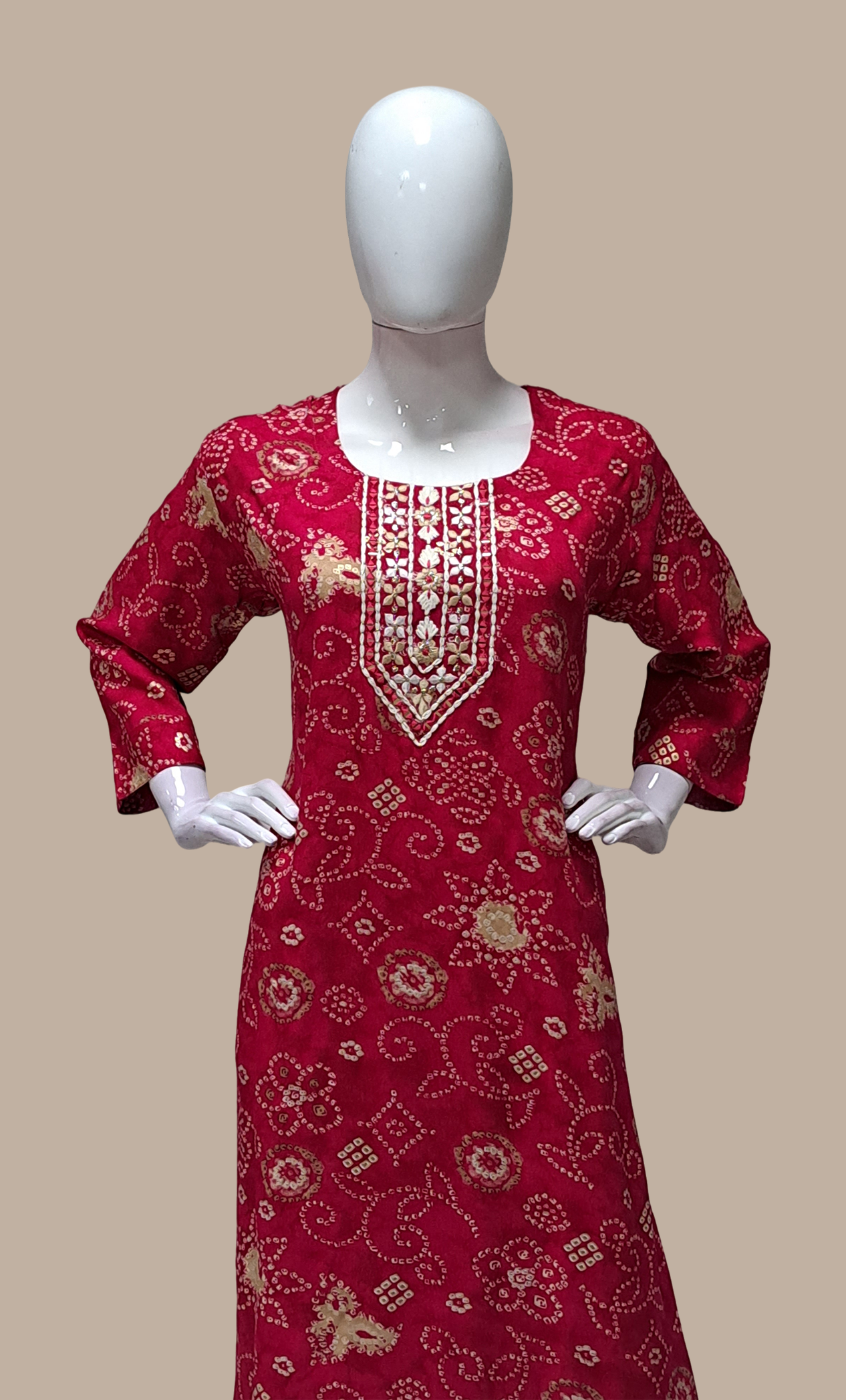 Deep Cerise Bandhani Printed Kurti Top