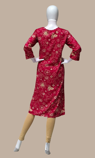 Deep Cerise Bandhani Printed Kurti Top