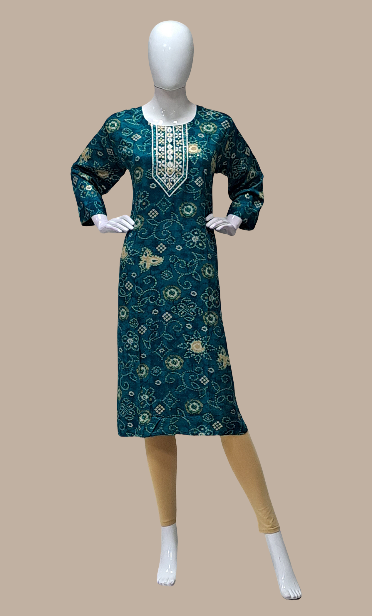 Teal Green Bandhani Printed Kurti Top