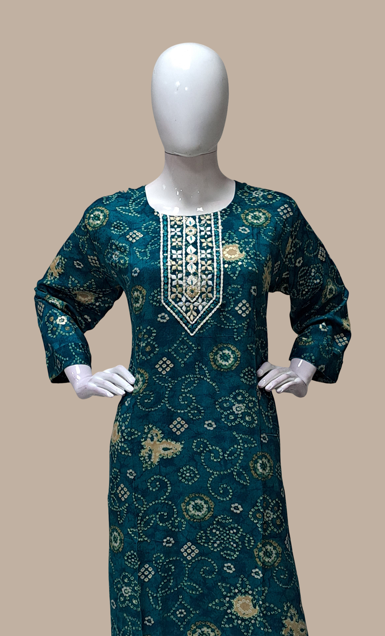 Teal Green Bandhani Printed Kurti Top