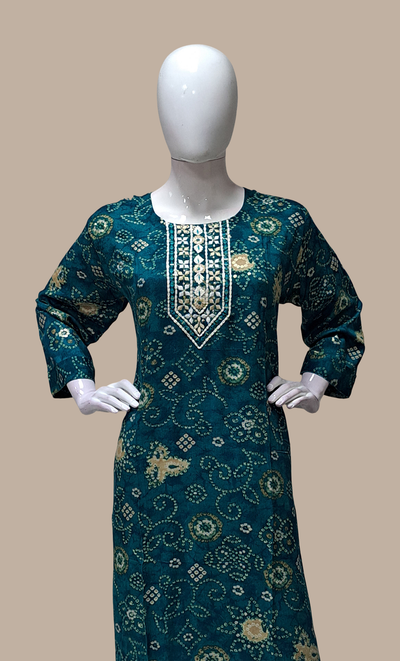 Teal Green Bandhani Printed Kurti Top