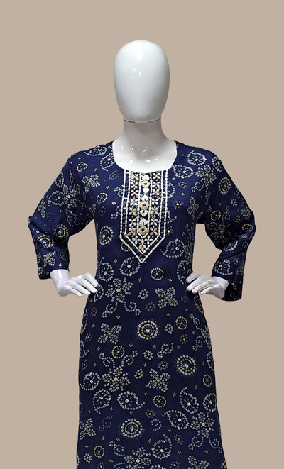 Navy Bandhani Printed Kurti Top