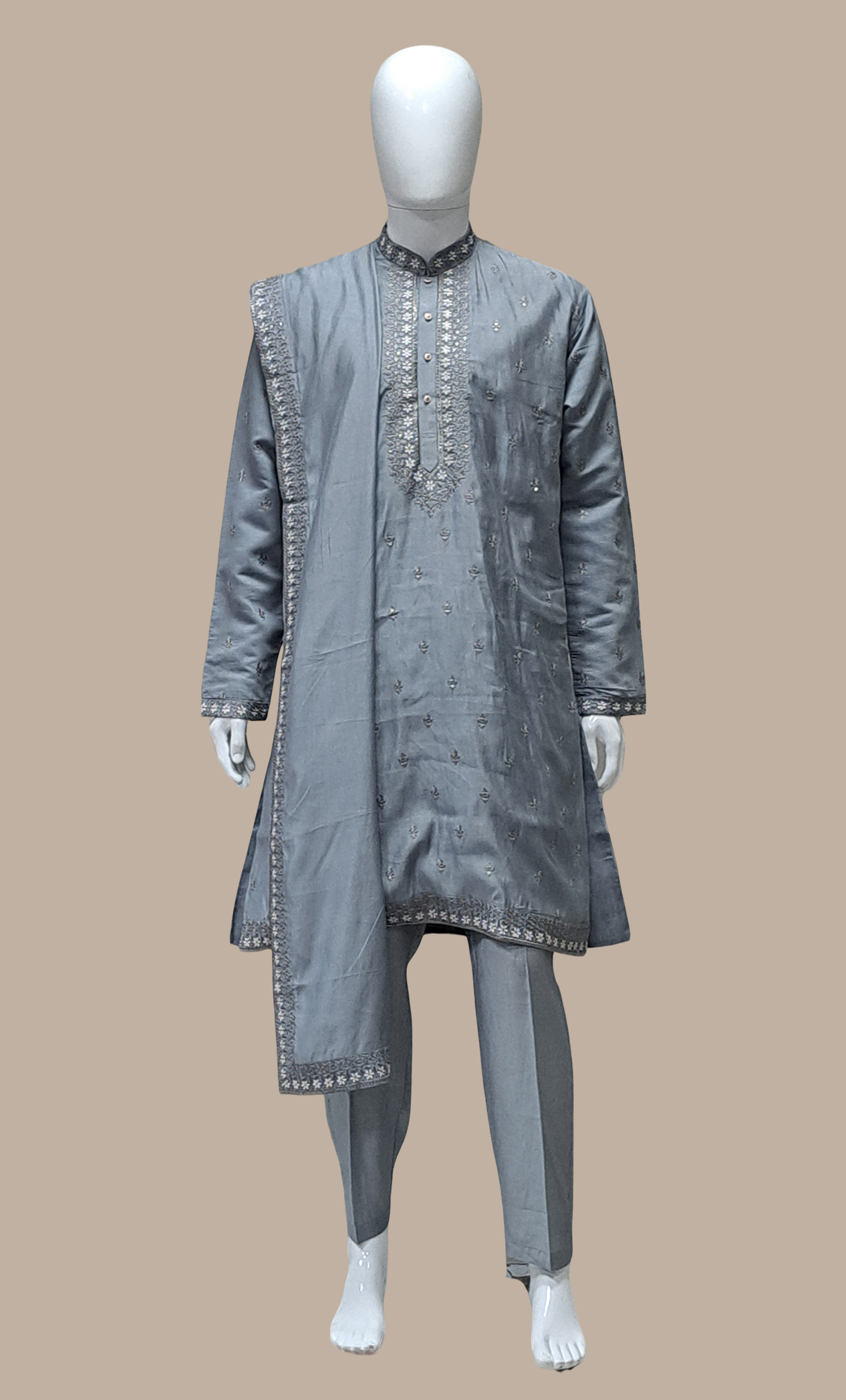 Grey Embroidered Kurta Set With Shawl