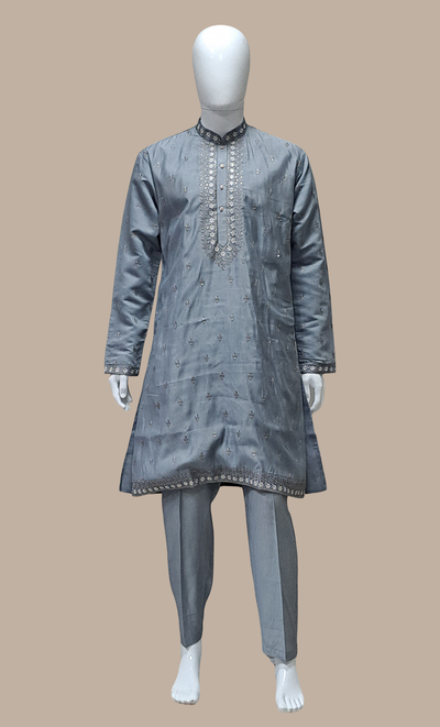 Grey Embroidered Kurta Set With Shawl