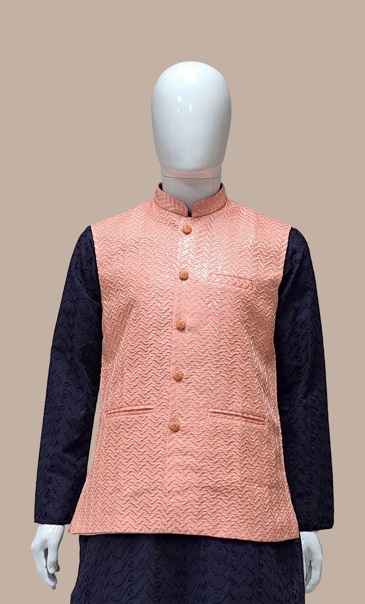 Deep Peach Embroidered Waistcoat