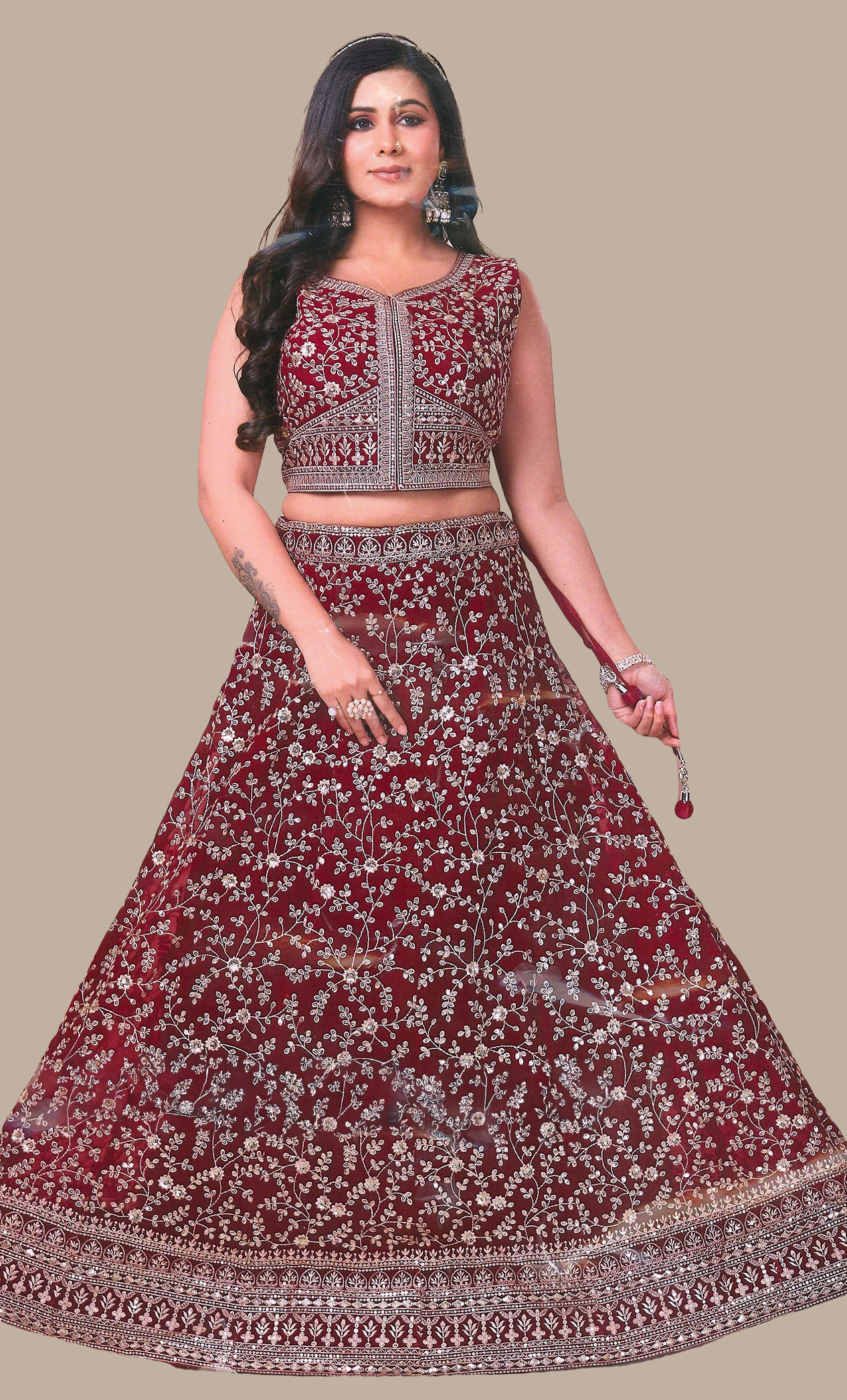 Dark Maroon Embroidered Choli Set