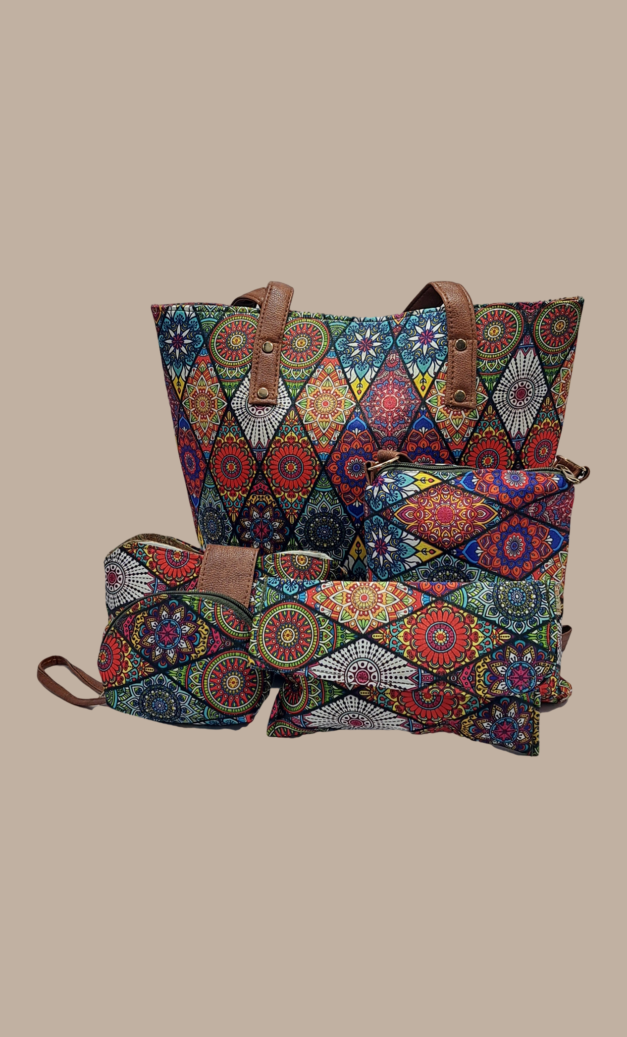 5 Piece Multi-Colour Printed Handbag