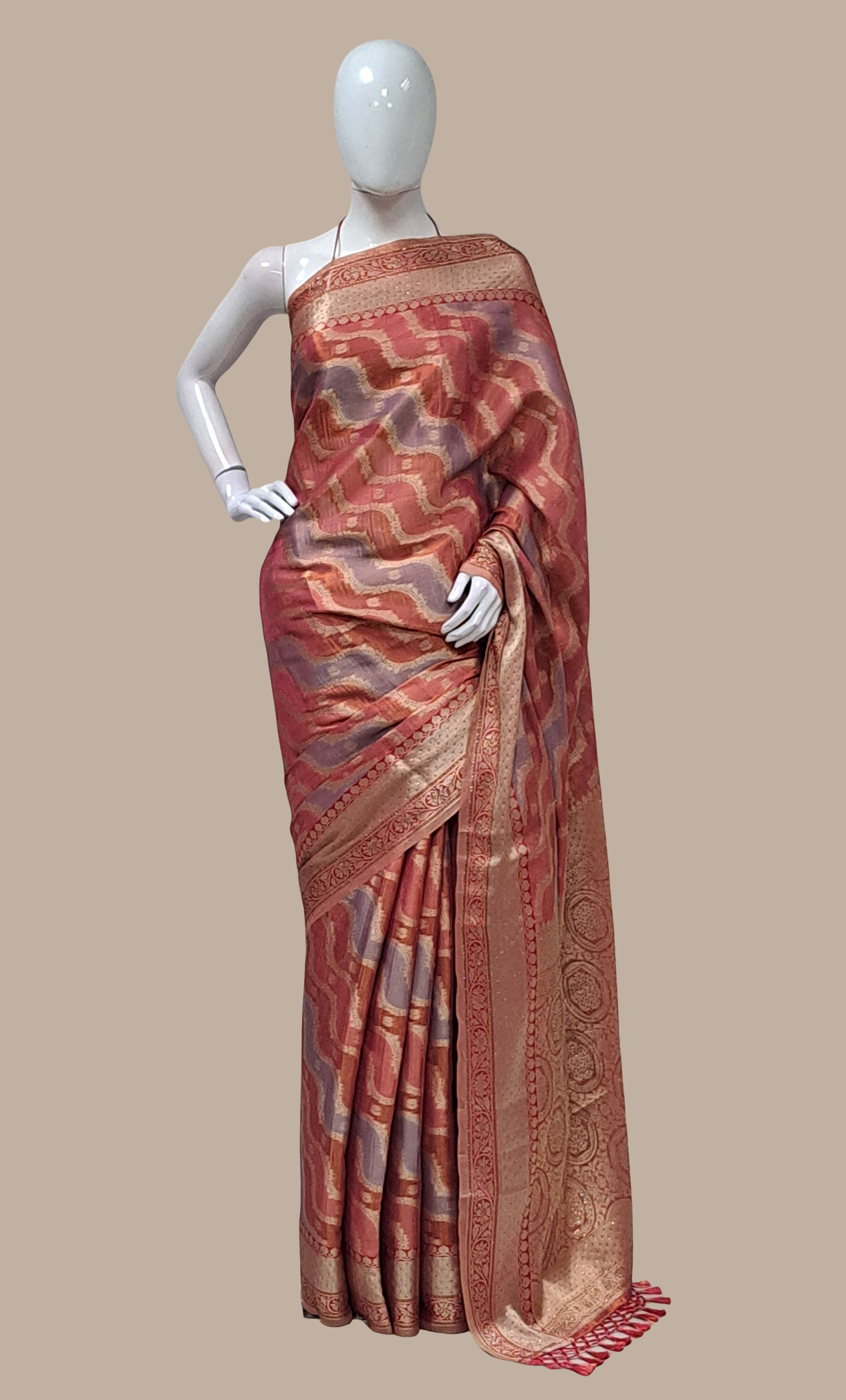 Coral Woven Art Silk Sari