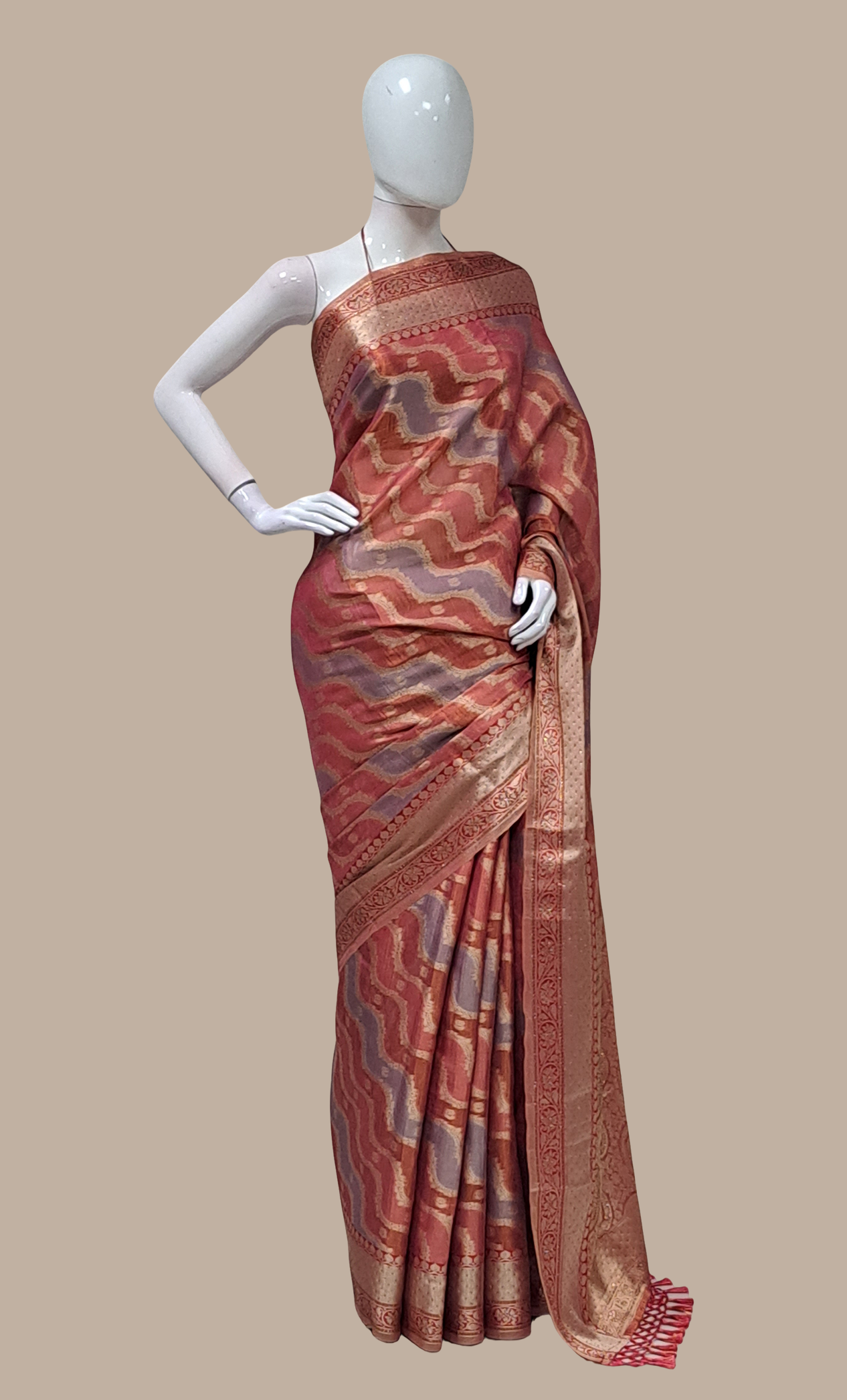 Coral Woven Art Silk Sari