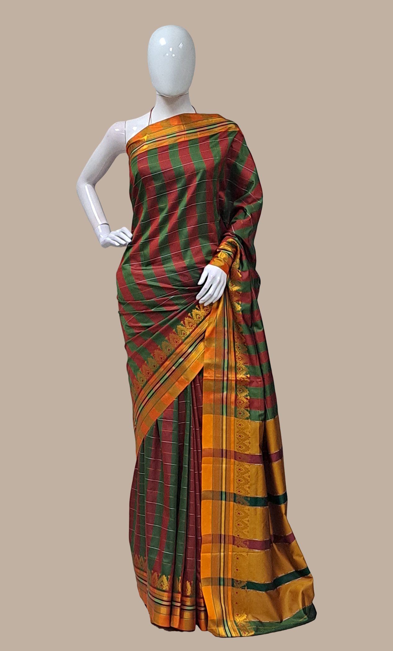 Deep Green Check Kanjivaram Sari