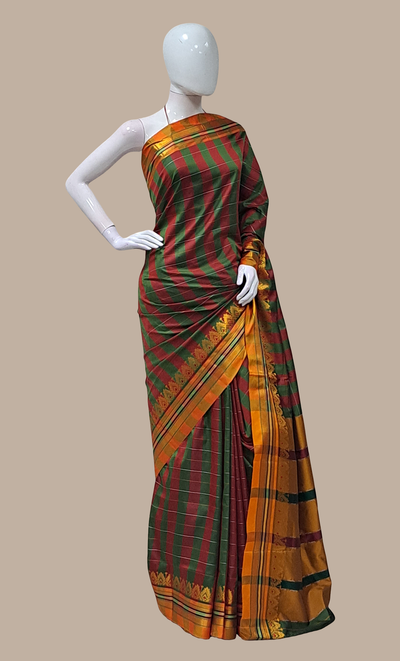 Deep Green Check Kanjivaram Sari