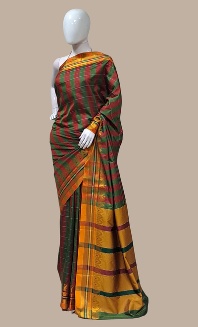 Deep Green Check Kanjivaram Sari