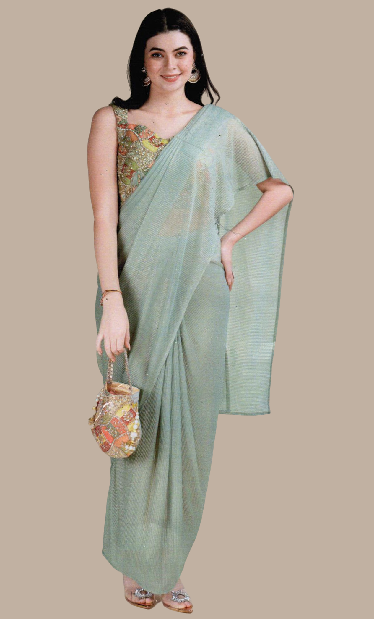 Grey Embroidered Sari With Ready Blouse