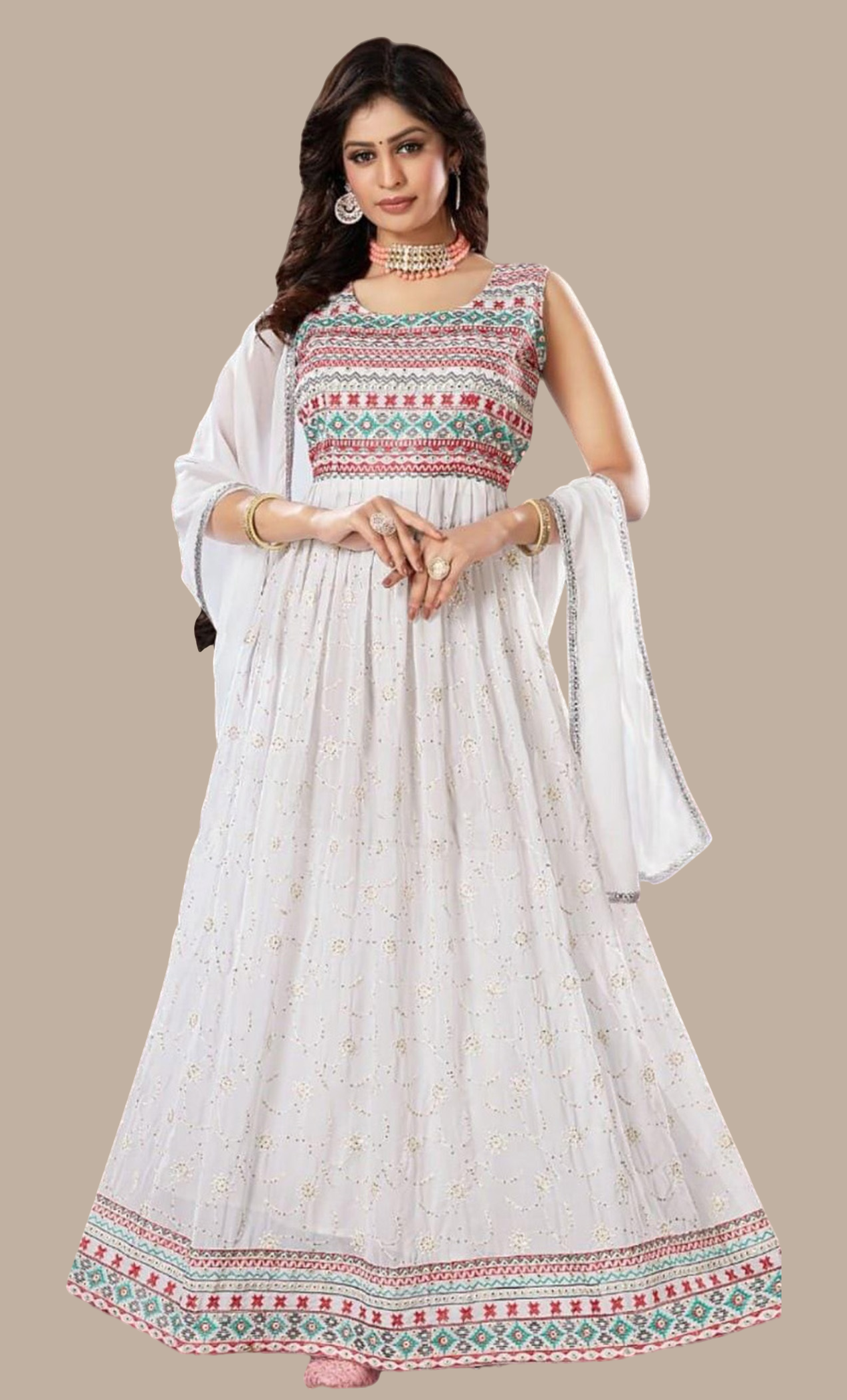 Off White Embroidered Gown & Dupatta