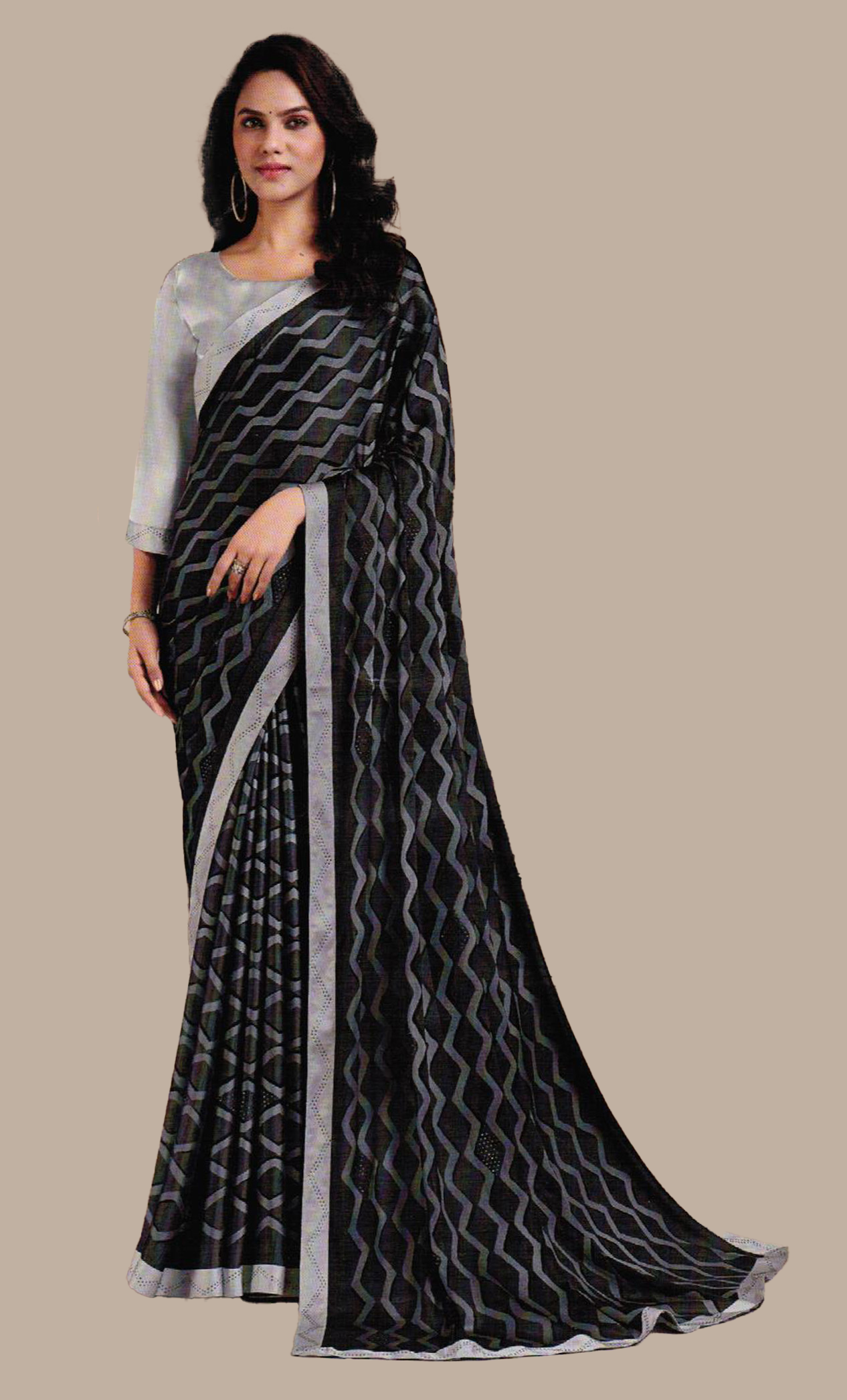 Dark Grey Printed Sari