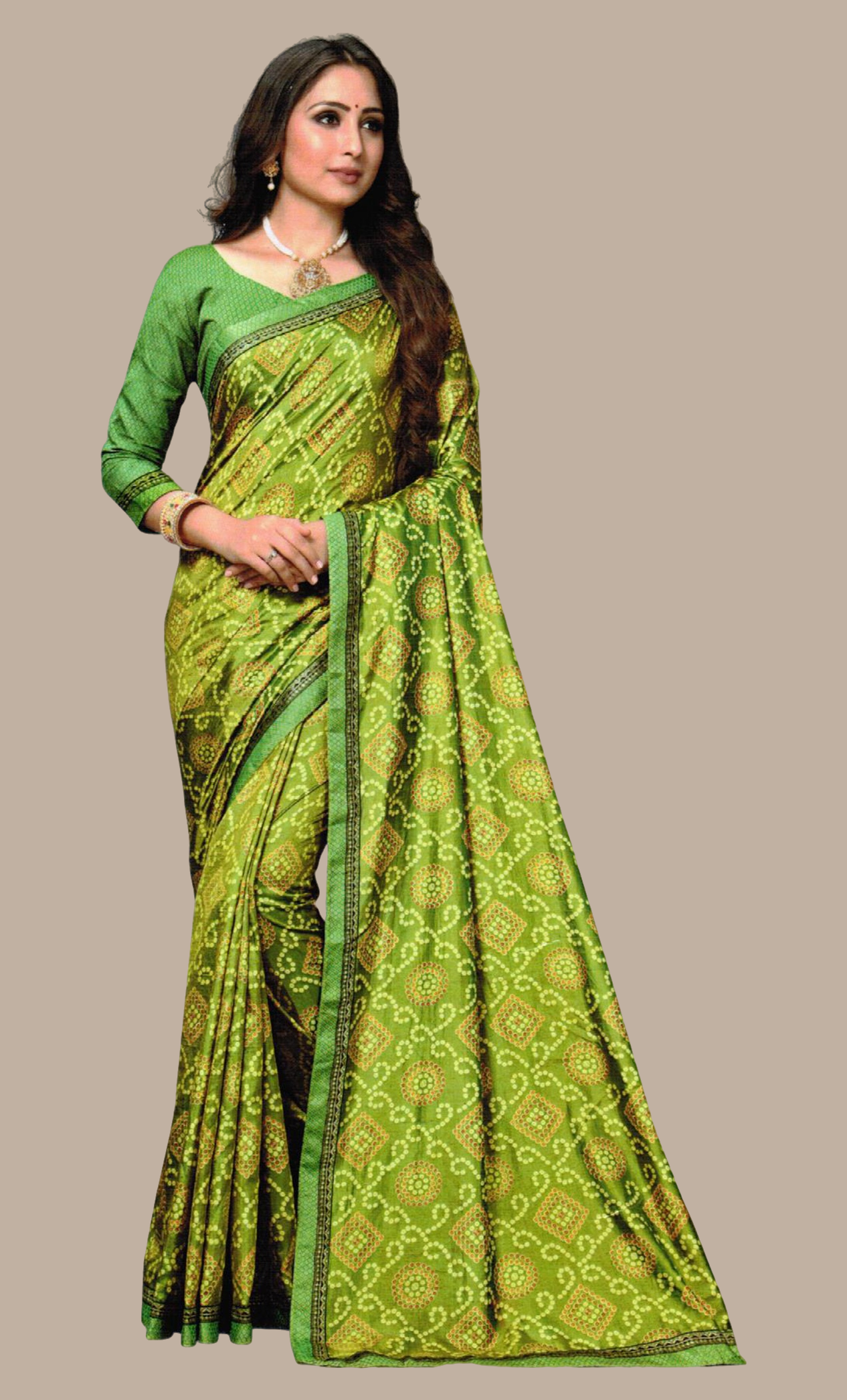 Lime Green Bandhani Printed Sari