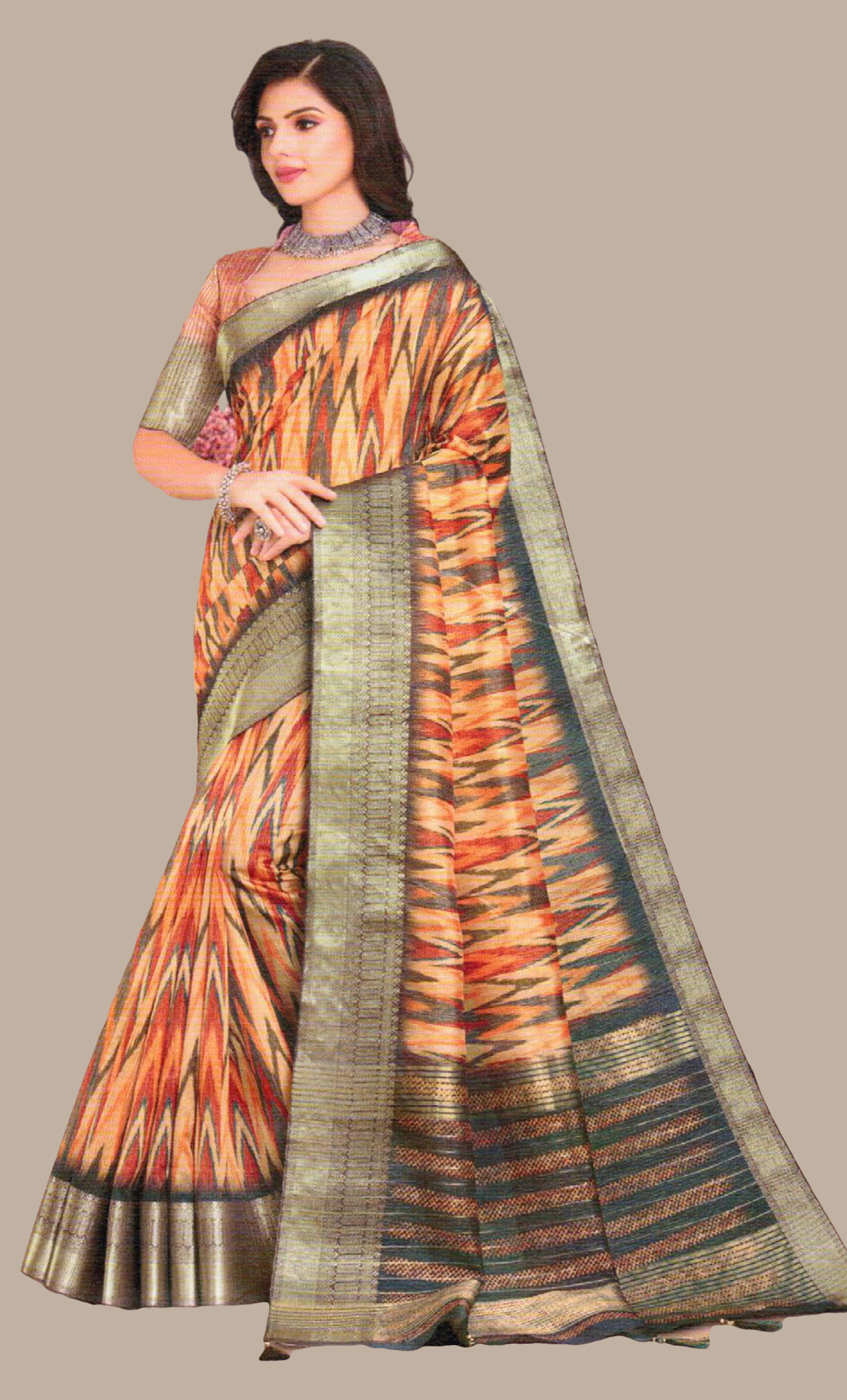 Deep Olive Printed Sari