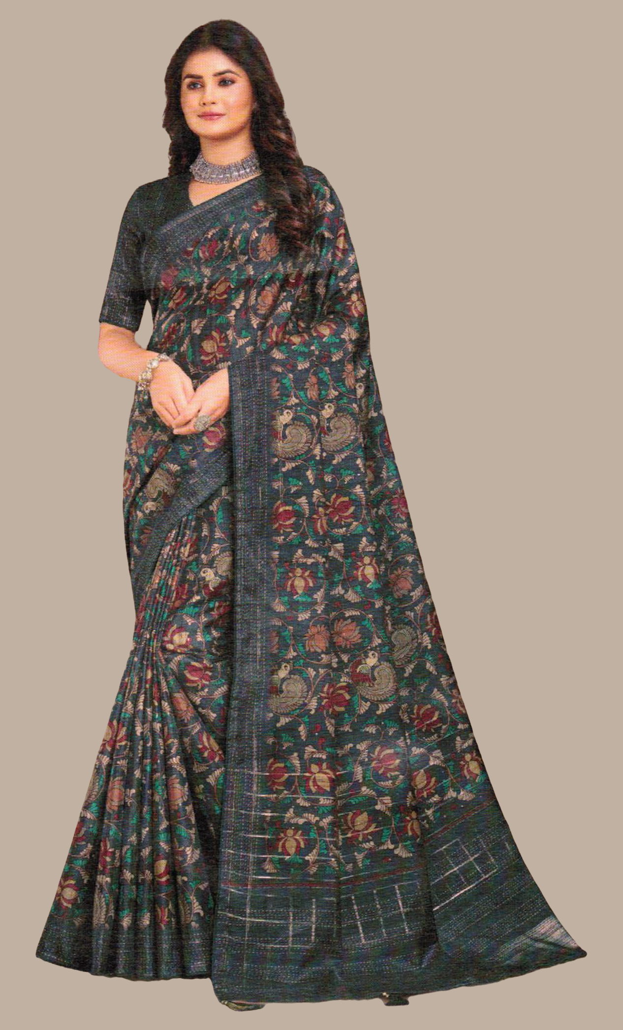 Dark Grey Printed Sari