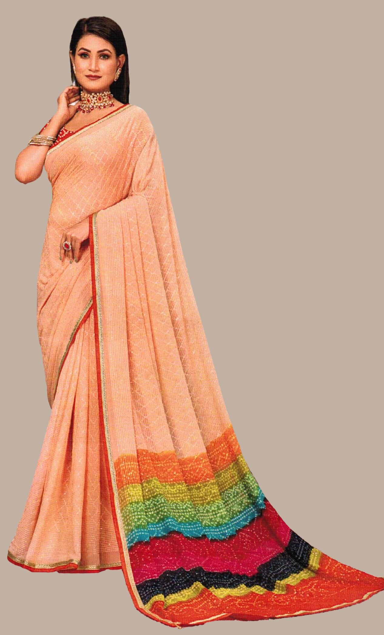 Peach Bandhani Printed Sari