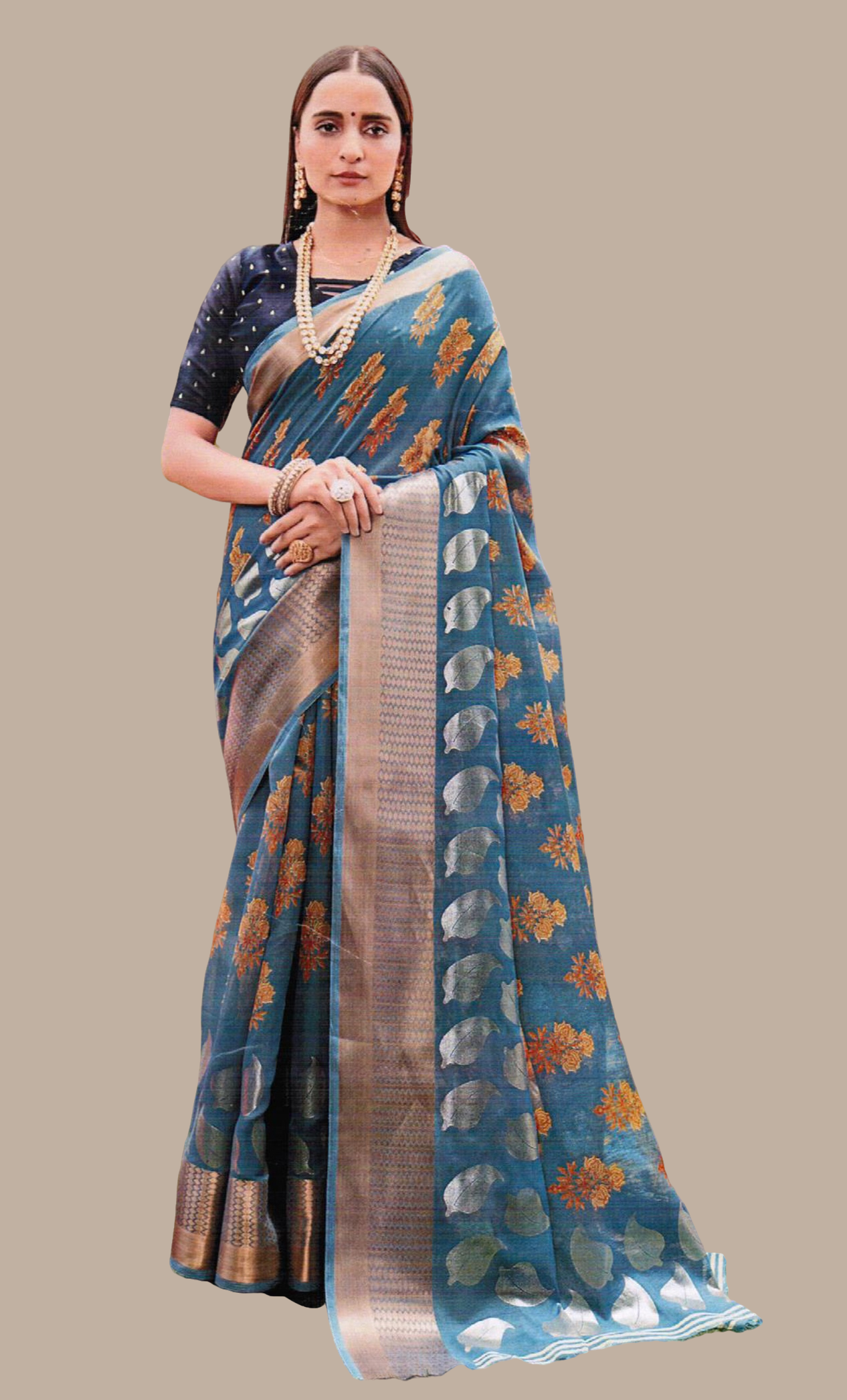Pale Blue Printed Cotton Sari