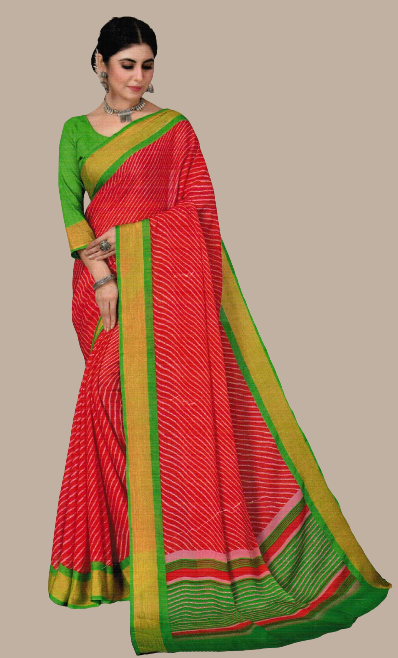 Coral Striped Printed Sari