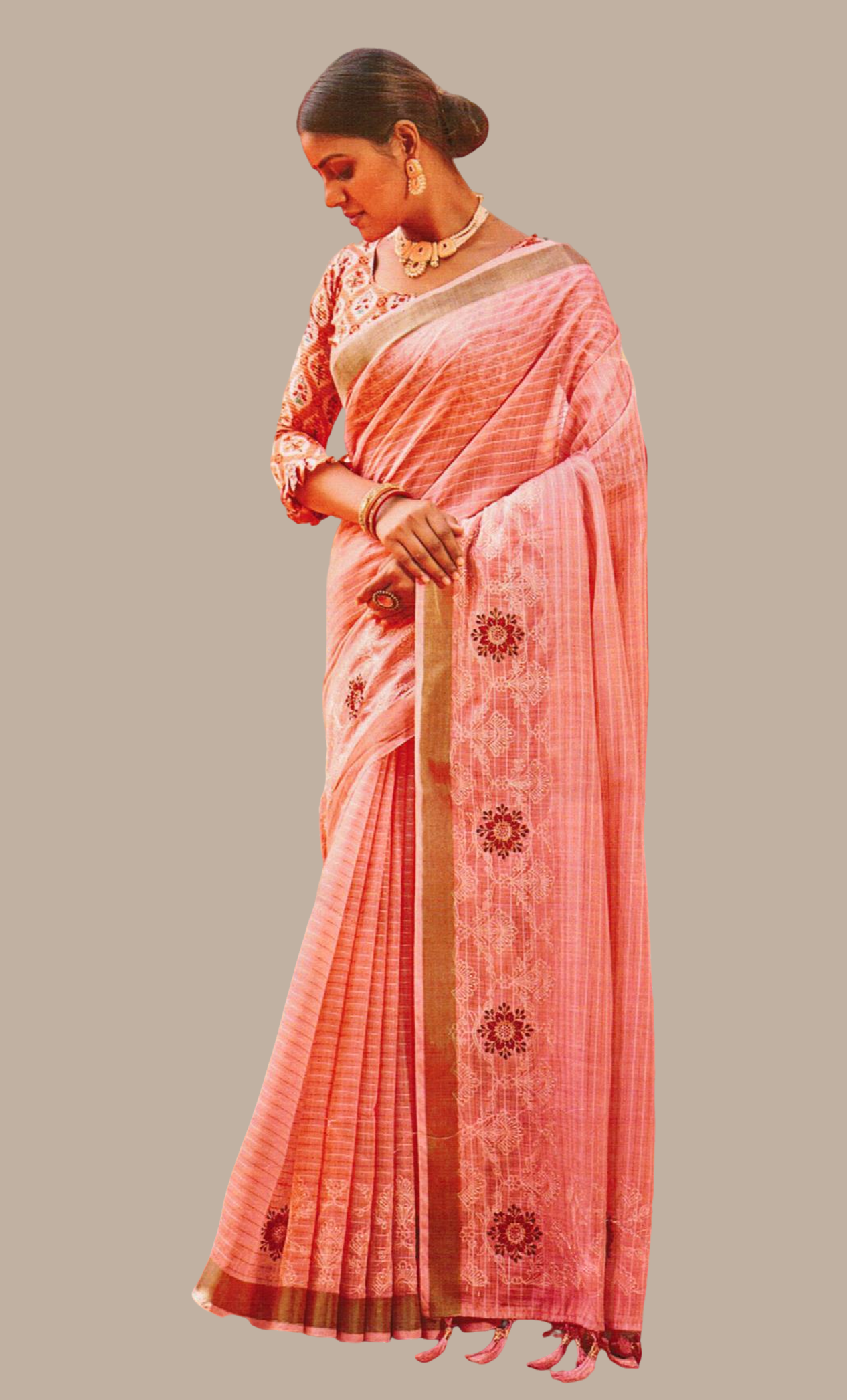 Salmon Pink Embroidered Cotton Sari