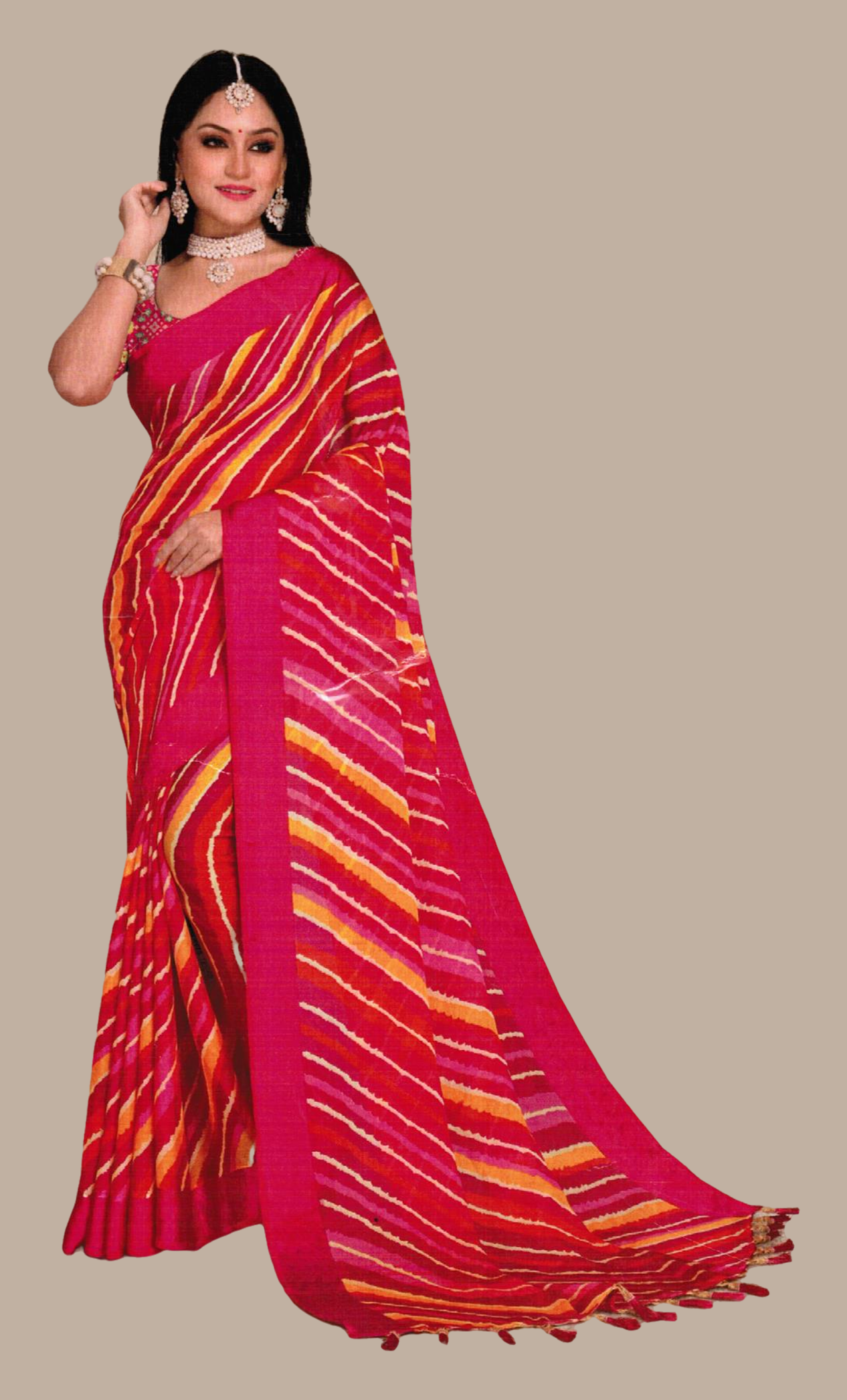 Cerise Striped Printed Sari