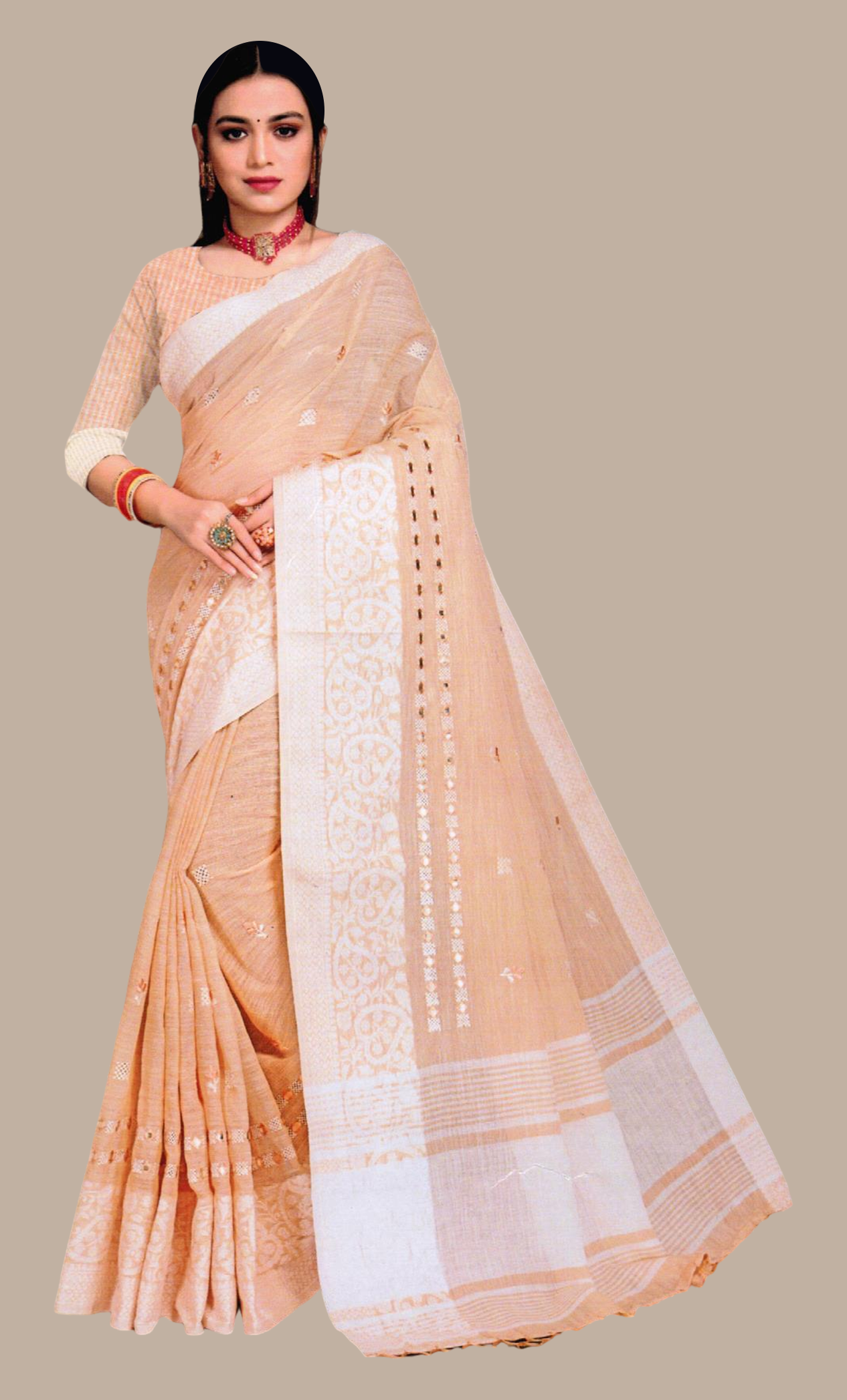 Beige Embroidered Linen Sari