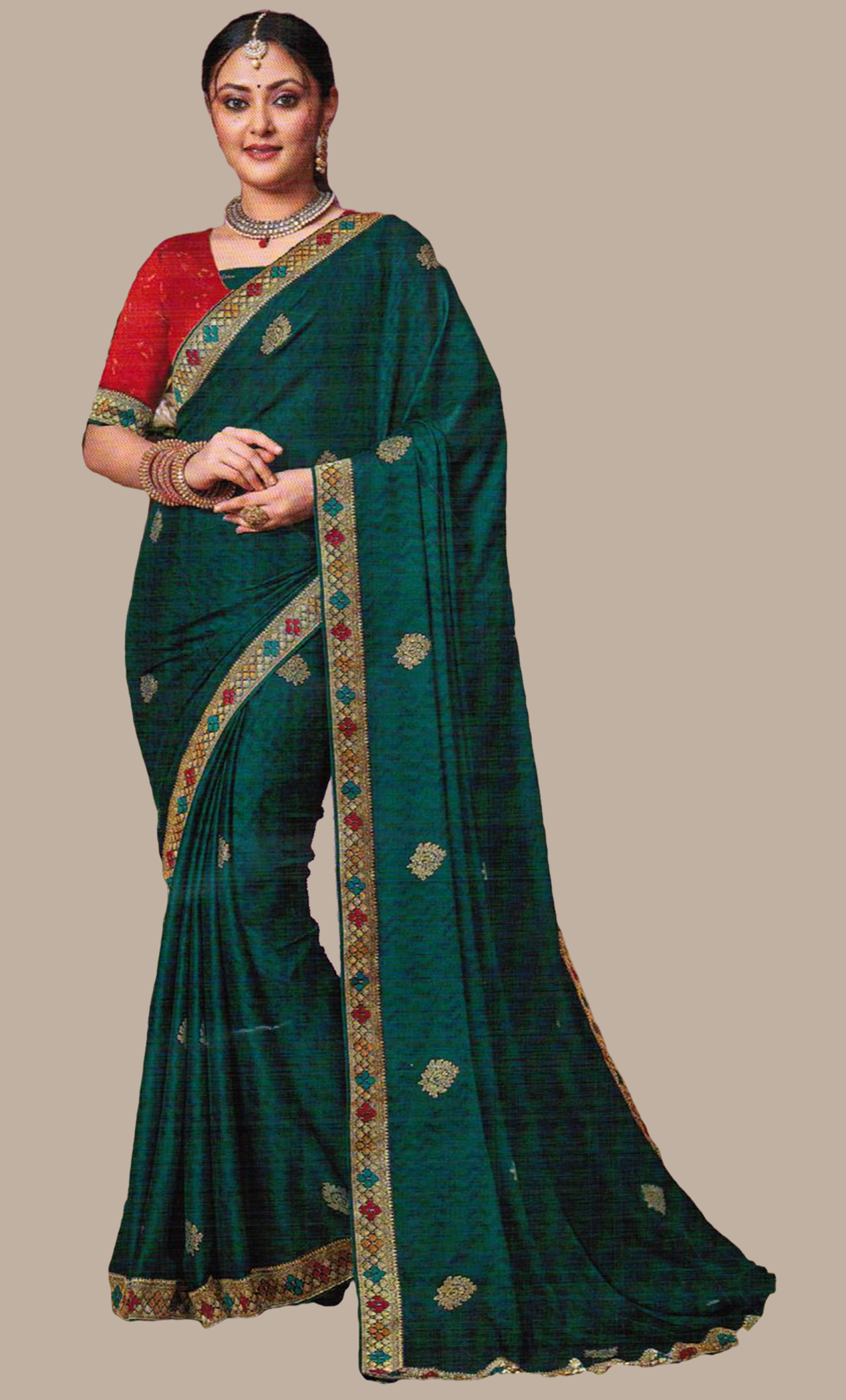 Dark Teal Green Embroidered Sari