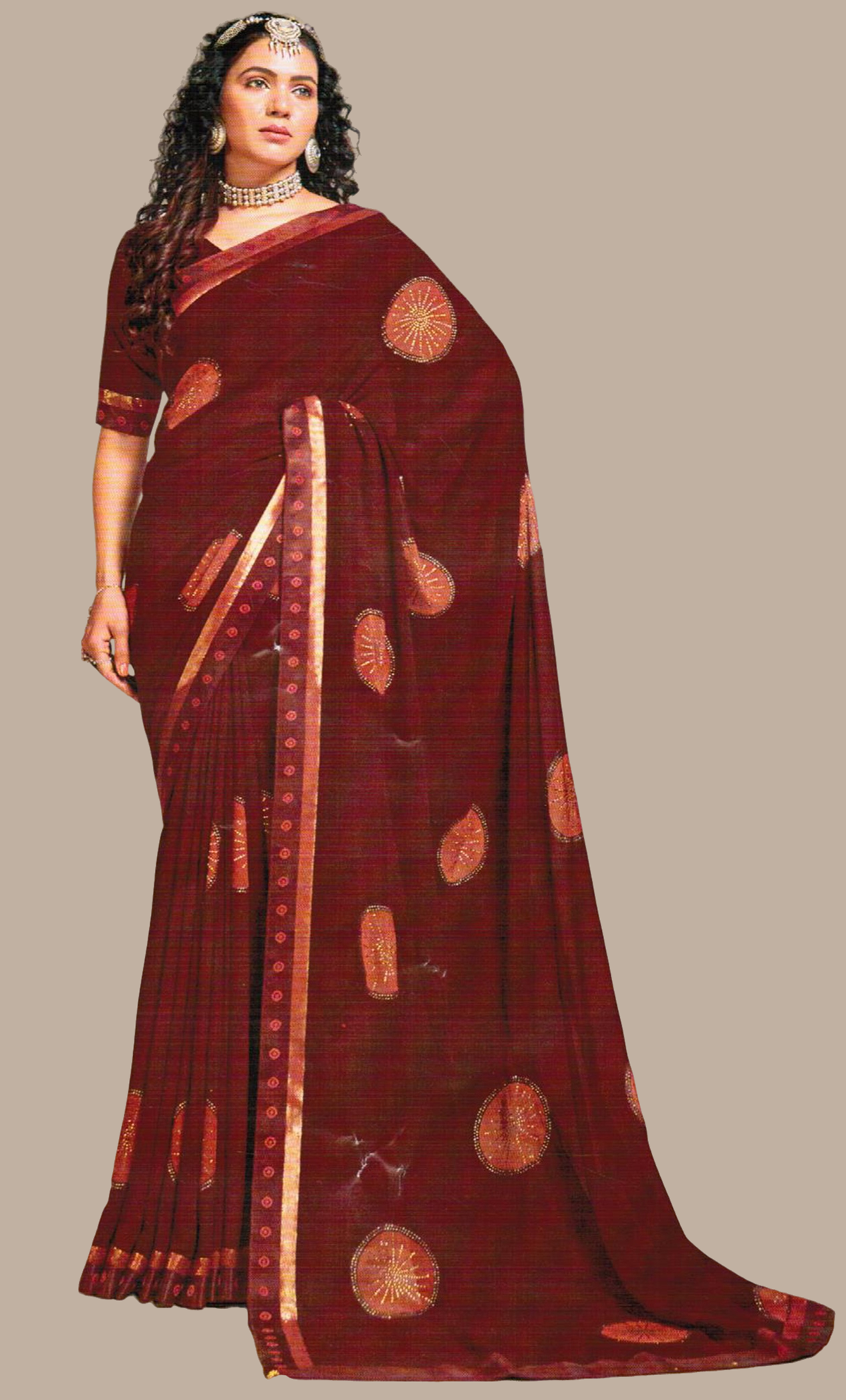 Dark Brown Embroidered Sari