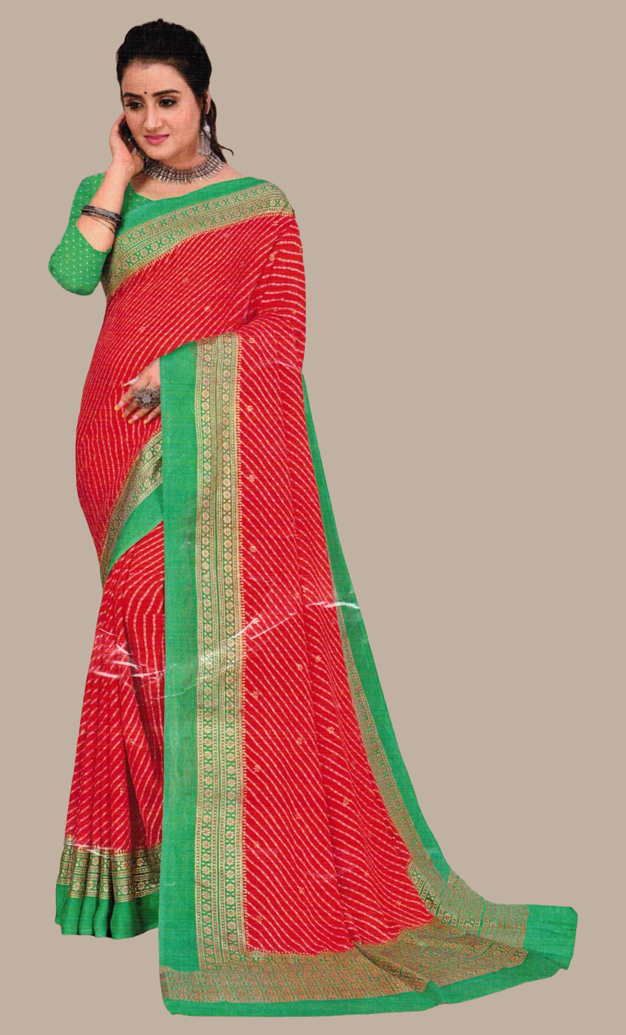 Deep Red Striped Printed Sari