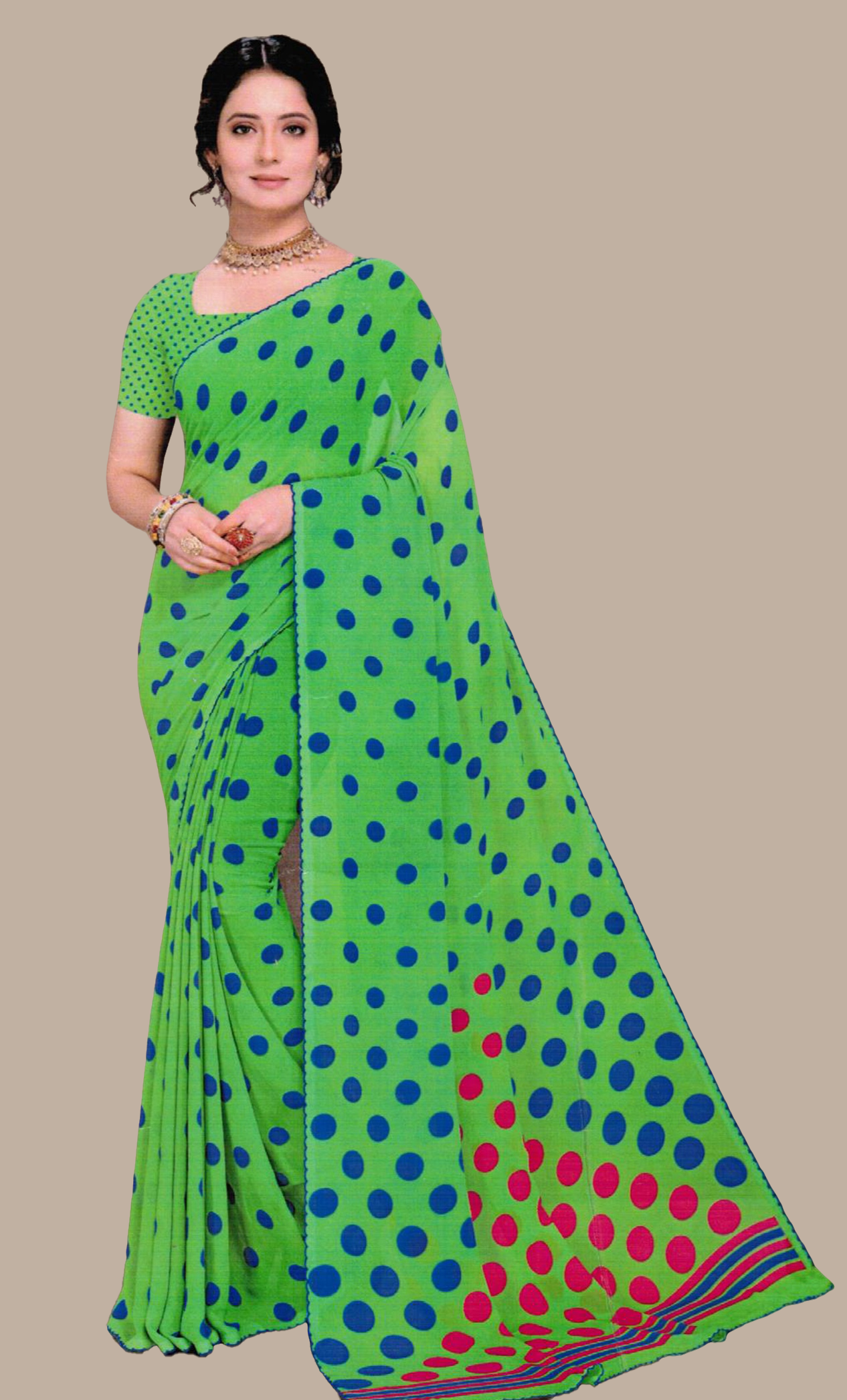 Deep Green Polka Dot Printed Sari
