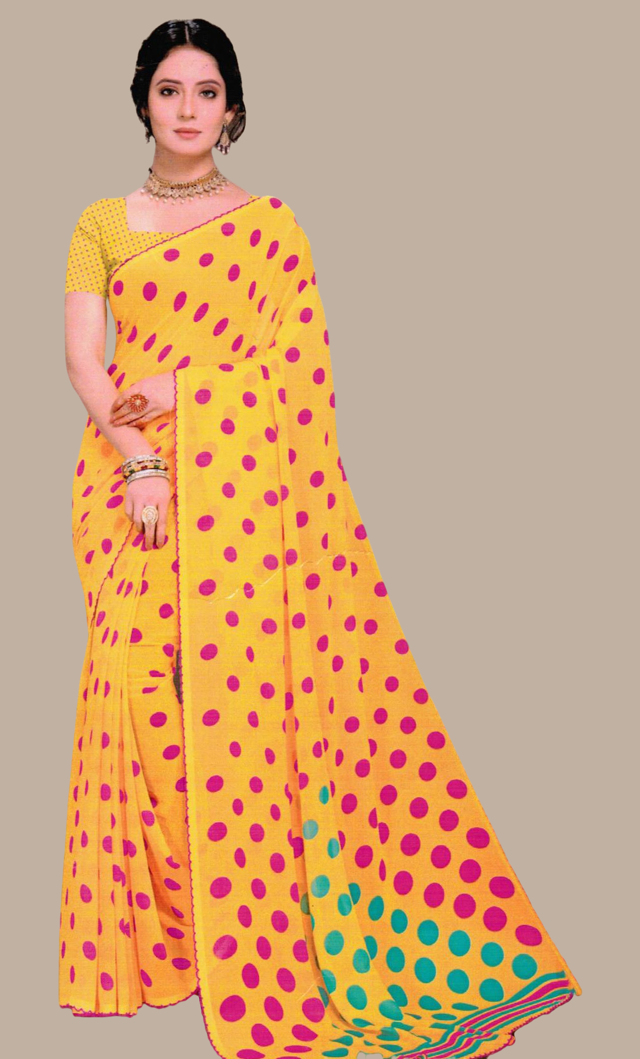 Canary Yellow Polka Dot Printed Sari