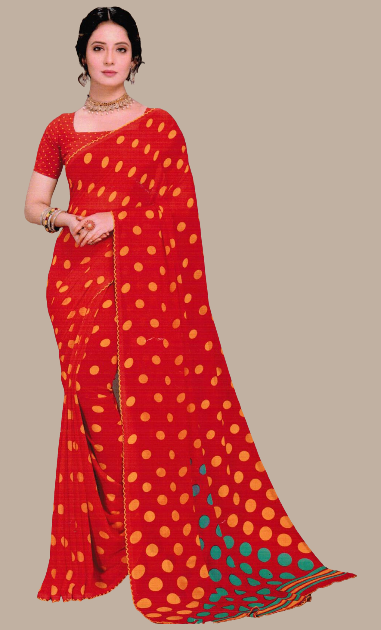 Deep Red Polka Dot Printed Sari