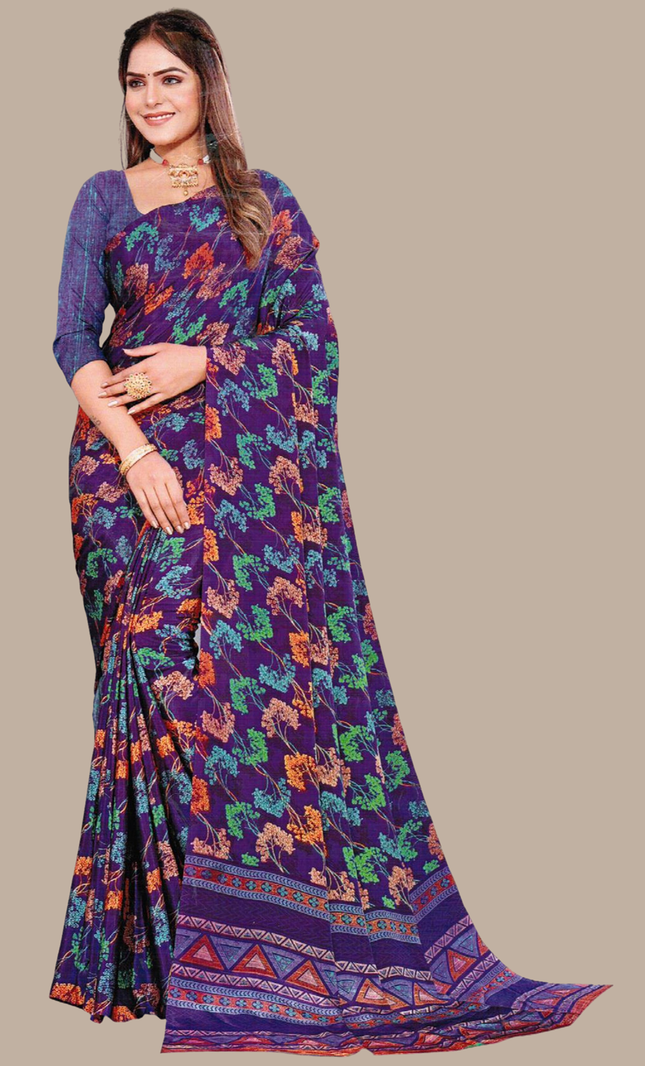 Deep Purple Printed Sari