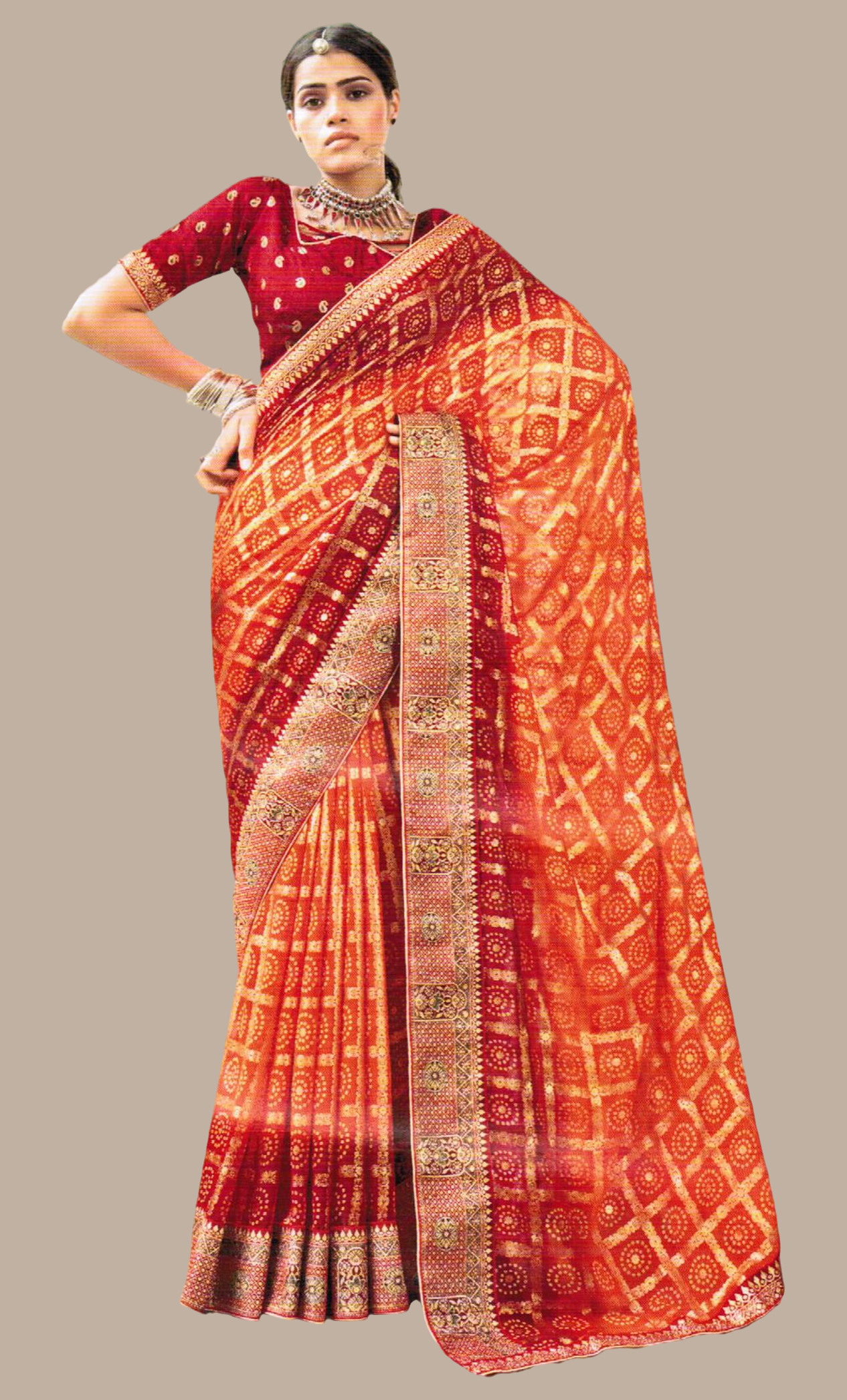 Deep Orange Bandhani Printed Sari