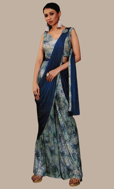 Deep Turquoise Dhoti Sari With Ready Made Blouse