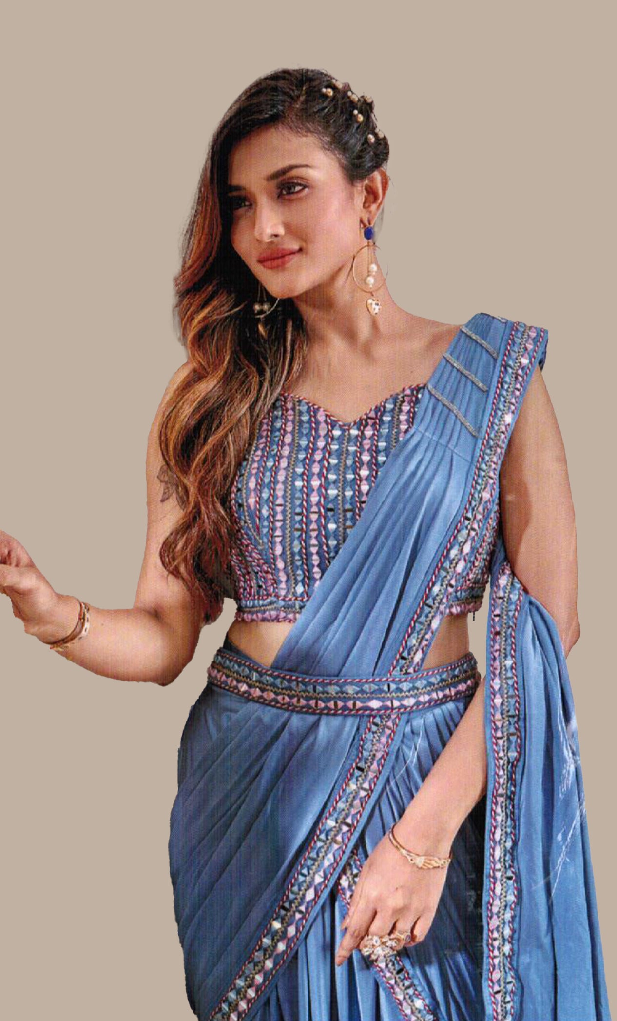 Pale Blue Ready Sari With Ready Made Blouse