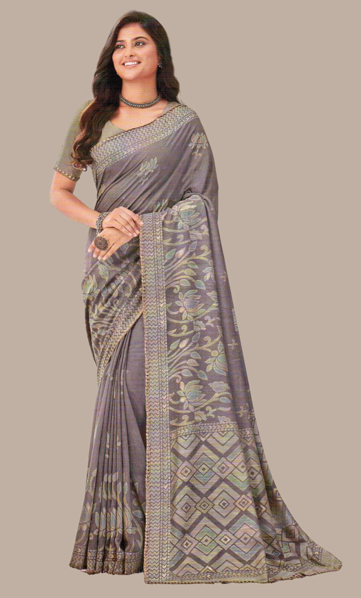 Stone Grey Printed Sari