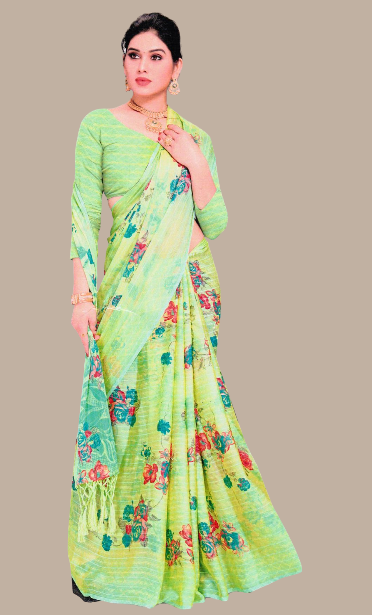 Bright Lime Green Printed Sari
